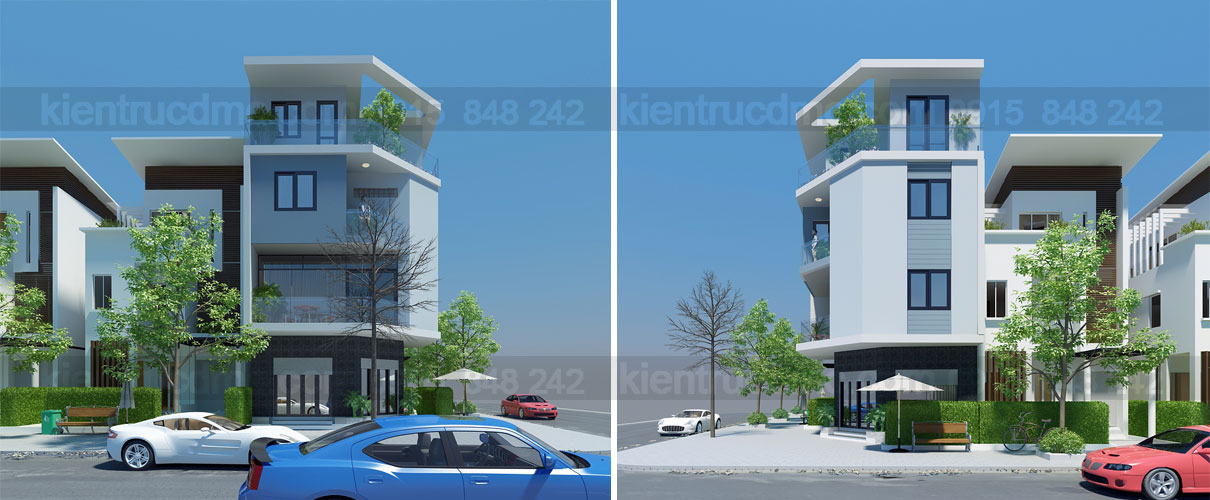 thiết kế nhà phố 2 mặt tiền căn góc 4 tầng: