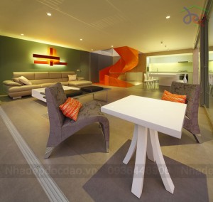 Thiết kế nhà phố với cầu thang xoắn màu cam độc đáo